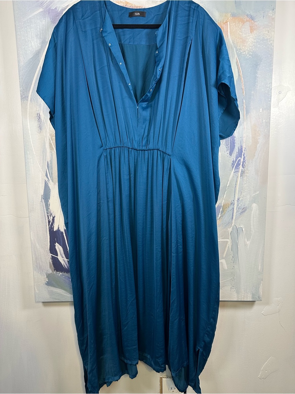 Ruti Teal Blue Flowy Tunic Dress M/L Dolman Sleeve Boho Midi Dress